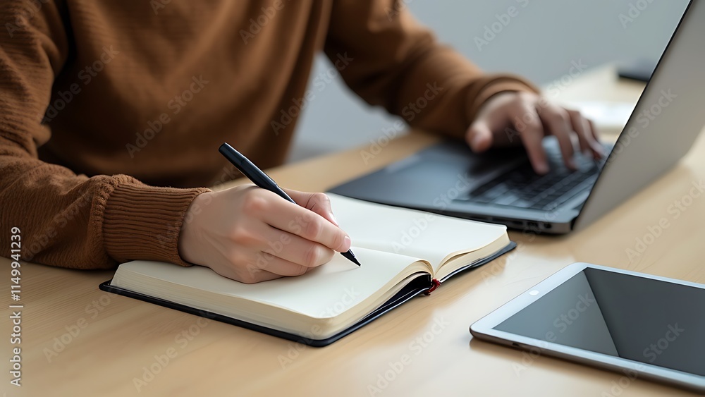Close up, business woman using laptop computer to search the information and taking note on notebook on office table. Student studying online class, e-learning, business planning concept Close up, business woman using laptop computer to search the information and taking note on notebook on office table. Student studying online class, e-learning, business planning concept