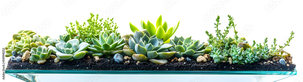 Fototapeta premium Minimalist geometric glass planter featuring vibrant green succulents, layered with decorative stones and soil, ideal for modern decor. Isolated on transparent background