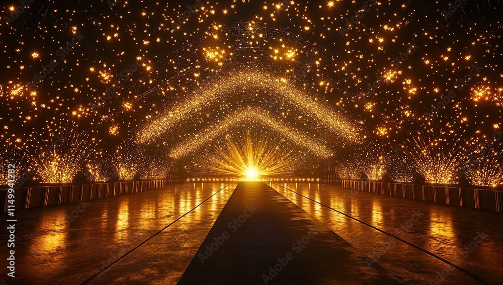 Golden Sparkles Pathway: Illuminated Tunnel of Light and Stars, Magical Festive Celebration Golden Sparkles Pathway: Illuminated Tunnel of Light and Stars, Magical Festive Celebration