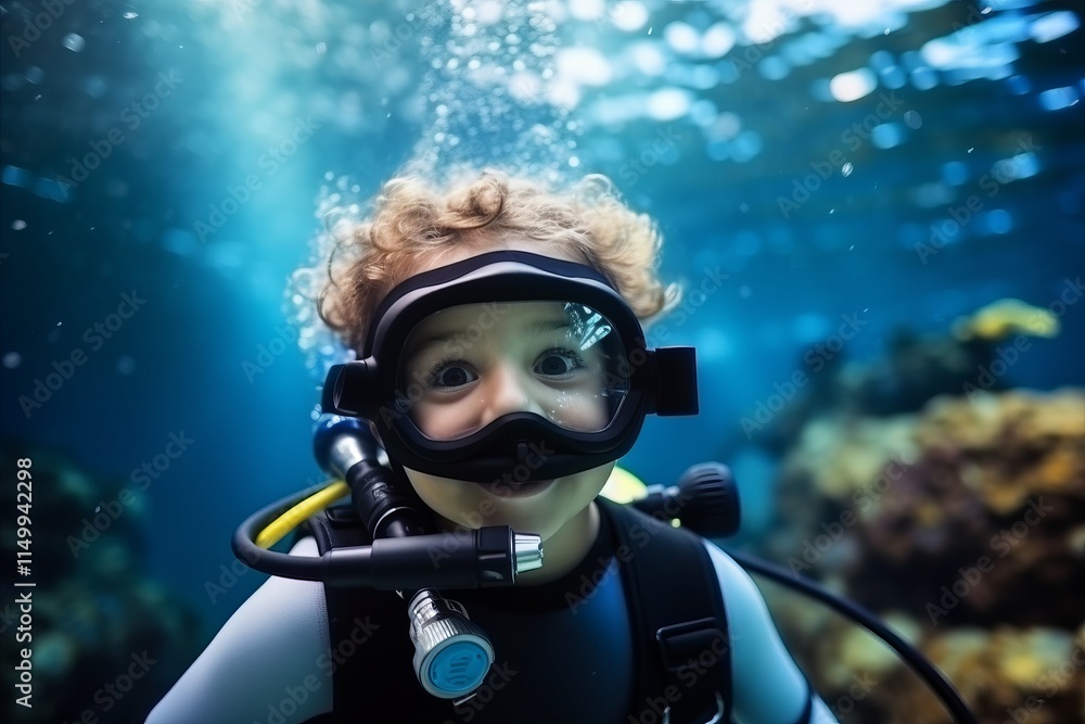 Cute little boy in scuba diving suit and mask swimming underwater Cute little boy in scuba diving suit and mask swimming underwater