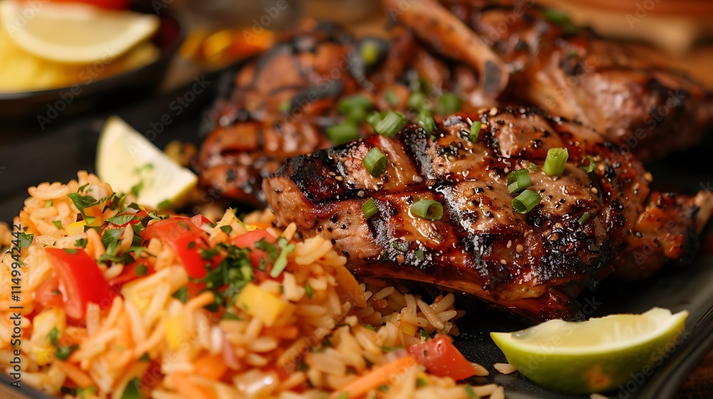 Lemonade rice and veggies are provided with barbecued meat Lemonade rice and veggies are provided with barbecued meat