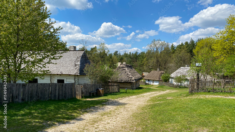 Obraz premium Polish old wooden countryside with sandy path during summer time with blue light cloudy sky