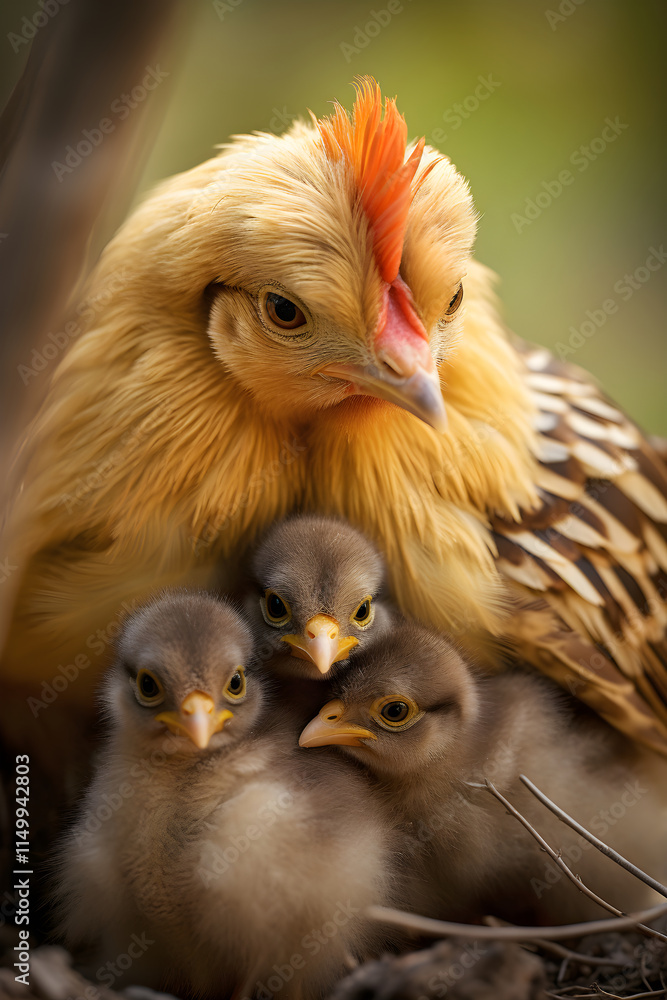 Fototapeta premium A Mother's Love: Beautiful Capture of a Hen Cuddling Her Brood of Chicks at Sunset