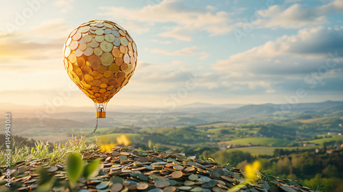 A vibrant hot air balloon made of coins, floating above a landscape filled with possibilities, while a person holds the tether, representing control over their financial journey. 