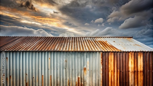 Wallpaper Mural Rustic corrugated metal building exterior with partially rusted roof under a dramatic sky Torontodigital.ca