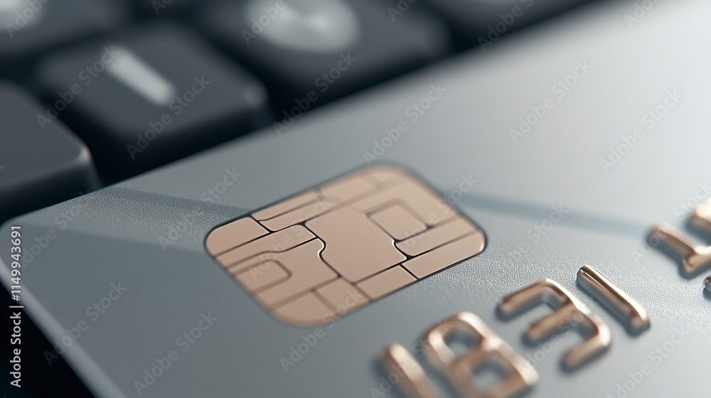 A close-up of a credit card chip resting on a keyboard, highlighting modern payment technology and digital transactions.