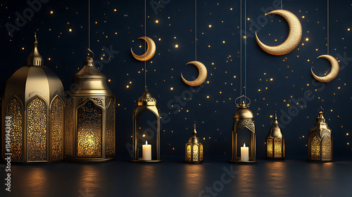 Abstract 3D Ramadan Setup with Golden Ornaments on Dark Gradient Background