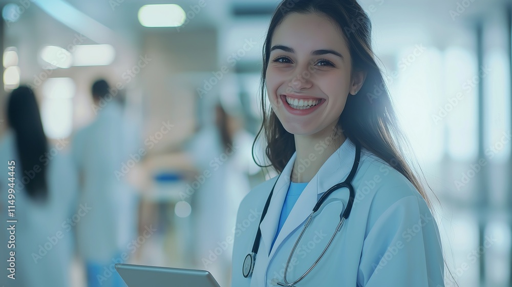 Fototapeta premium A vibrant female doctor beams with pride while holding a tablet, radiating warmth and positivity in a well-lit hospital corridor surrounded by her professional peers