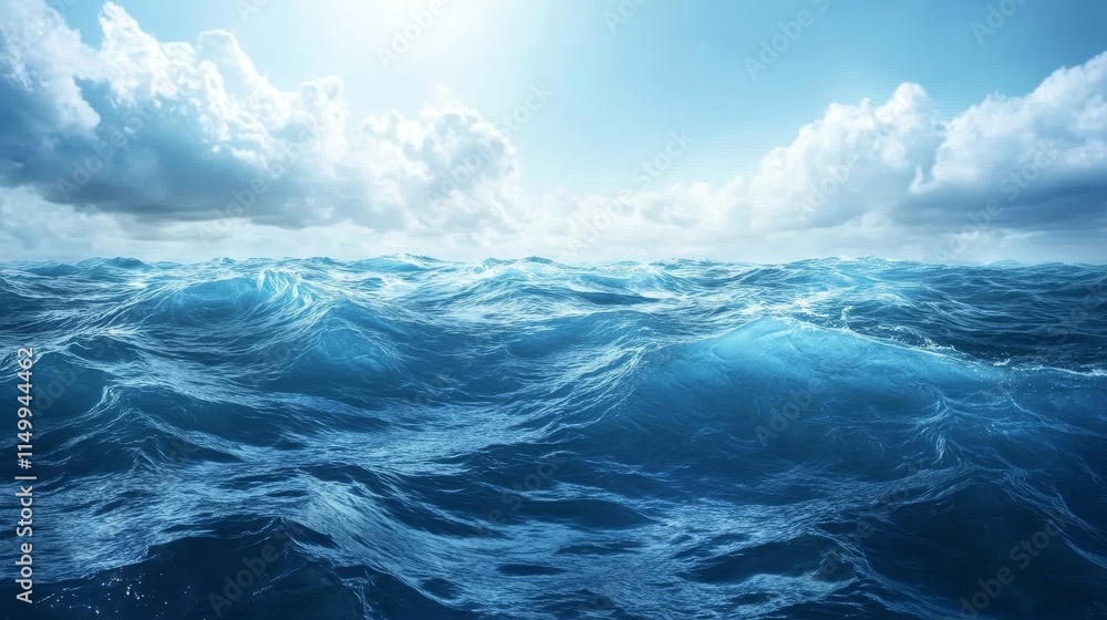 A stunning scene of deep blue ocean waves with sunlight reflecting off the surface, under a vibrant sky with fluffy clouds. The dynamic water movement and bright sky evoke a sense of freedom and A stunning scene of deep blue ocean waves with sunlight reflecting off the surface, under a vibrant sky with fluffy clouds. The dynamic water movement and bright sky evoke a sense of freedom and