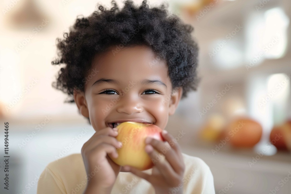 Portrait happy black kid eating an apple at home. Healthy lifestyle concept Portrait happy black kid eating an apple at home. Healthy lifestyle concept
