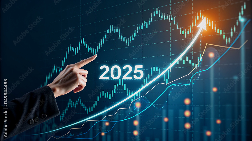 hand pointing towards the year 2025 on a futuristic digital display, with a graph and arrows indicating progress from 2024 to 2025 hand pointing towards the year 2025 on a futuristic digital display, with a graph and arrows indicating progress from 2024 to 2025