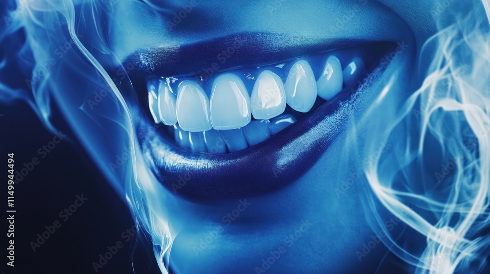 Naklejka premium Close-up of a Smiling Mouth with Blue Smoke