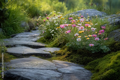 Lush green moss and Wildflowers adorning the Pathway at early dawn photo