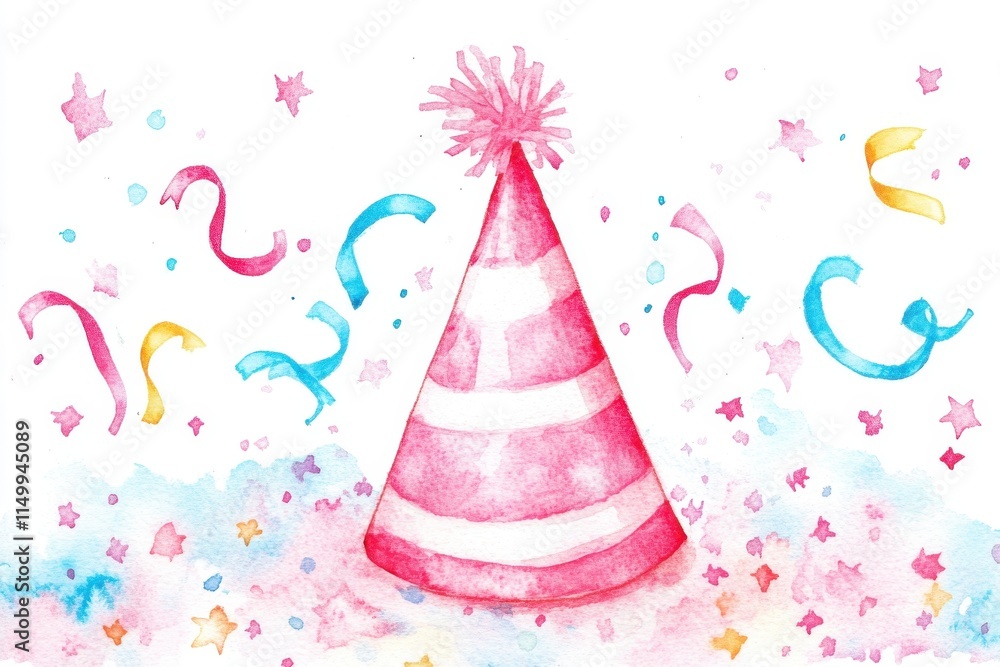 A vibrant celebration illustration featuring a pink party hat surrounded by colorful confetti. Perfect for festive themes. A vibrant celebration illustration featuring a pink party hat surrounded by colorful confetti. Perfect for festive themes.