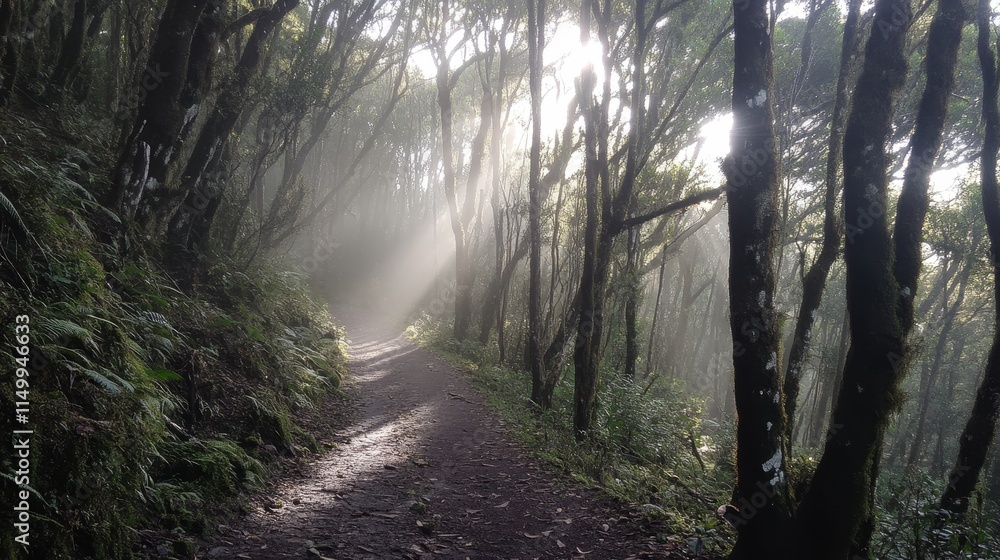 Obraz premium A path through a forest with sunlight shining through the trees. The path is made of dirt and is surrounded by trees