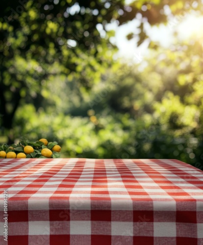 Red checkered tablecloth on empty picnic table outdoors. photo