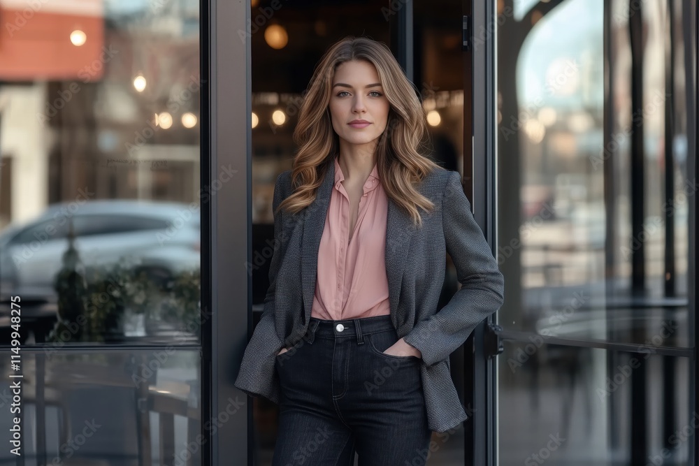 Woman posing gracefully in front of a glass café, wearing pink blouse and jeans Woman posing gracefully in front of a glass café, wearing pink blouse and jeans