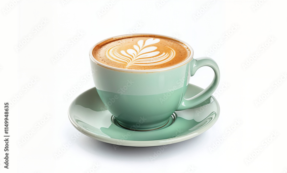 Hot latte coffee with latte art in a ceramic green cup isolated on white background Hot latte coffee with latte art in a ceramic green cup isolated on white background