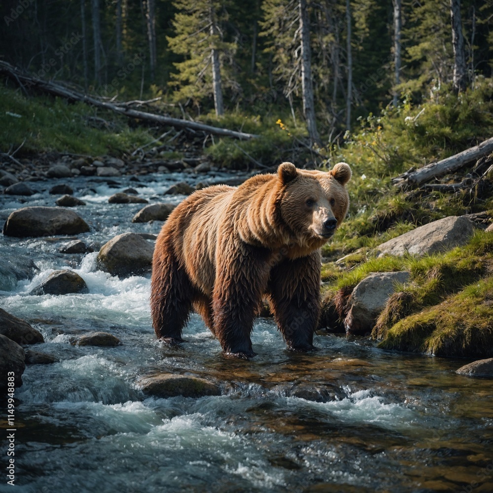 A fluffy, multicolored bear playing by a crystal-clear woodland stream. A fluffy, multicolored bear playing by a crystal-clear woodland stream.