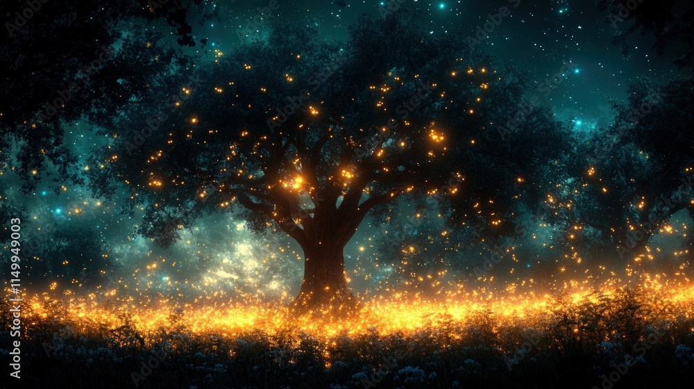Enchanted forest, glowing tree, fireflies. Enchanted forest, glowing tree, fireflies.