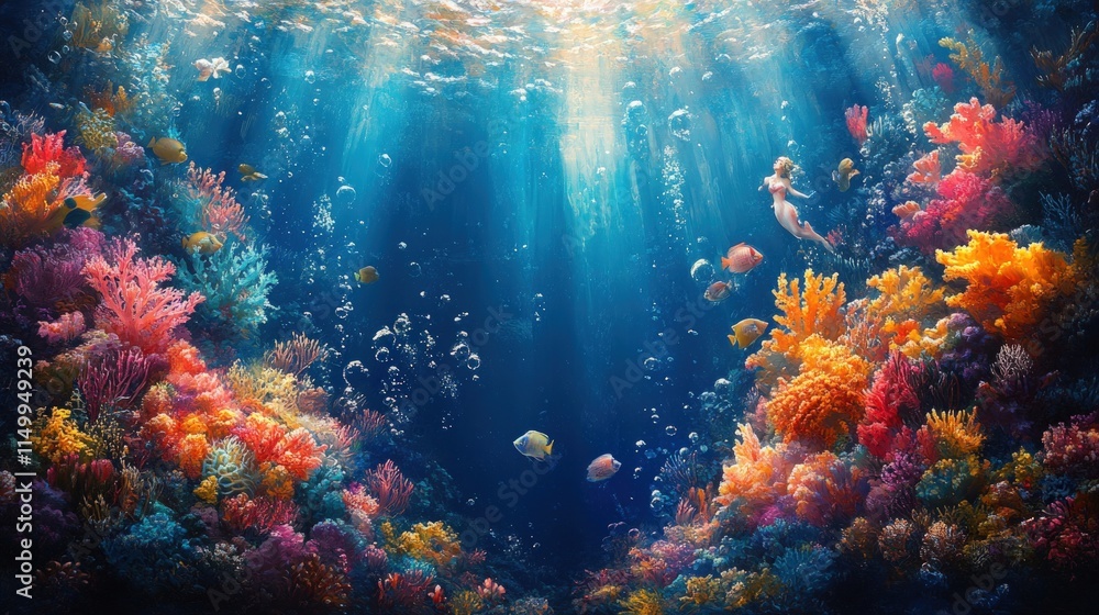 Naklejka premium Vibrant coral reef, mermaid, sunlight, fish, bubbles.