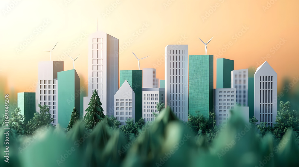 Obraz premium Eco-Friendly Papercut Cityscape with Sustainable Architecture and Renewable Energy Concepts