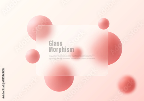 Vector illustration in glass morphism style, gradient background with partition and spheres.