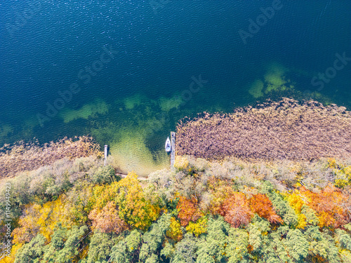 Vibrant Autumn Dockside. A tranquil lakeshore with vibrant autumn trees and a wooden dock hosting a boat, surrounded by crystal-clear waters and reeds. photo