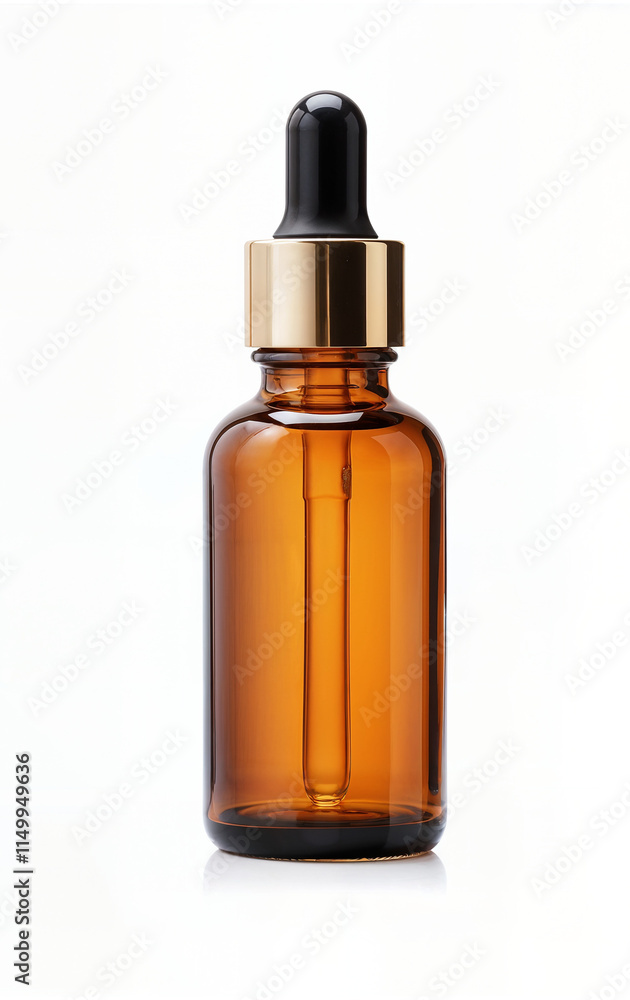 Serum oil amber dropper bottle with gold cap isolate on white background Serum oil amber dropper bottle with gold cap isolate on white background