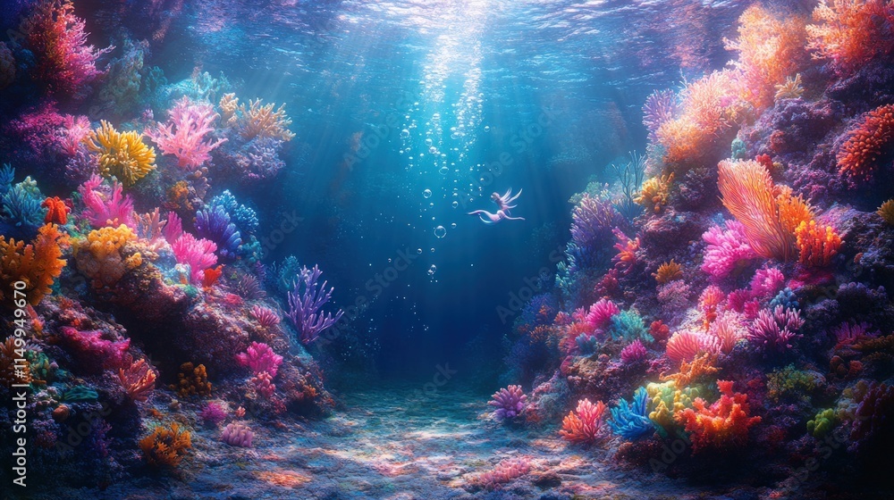 Fototapeta premium Vibrant coral reef, mermaid swims, sunlit ocean.
