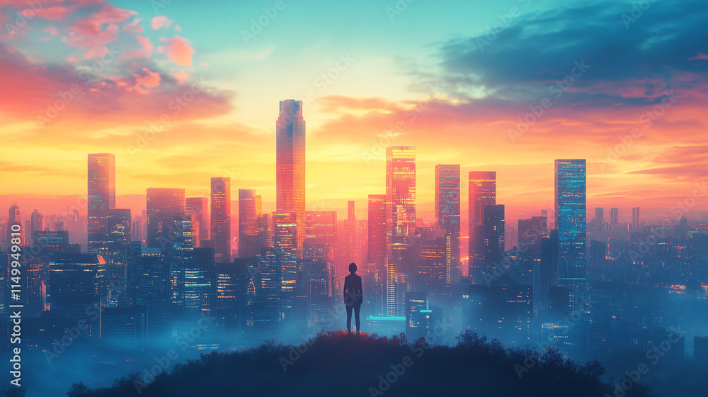 Fototapeta premium A vibrant skyline made of medical buildings and financial institutions, illustrating the balance between healthcare and economic growth, with a person observing the horizon. 