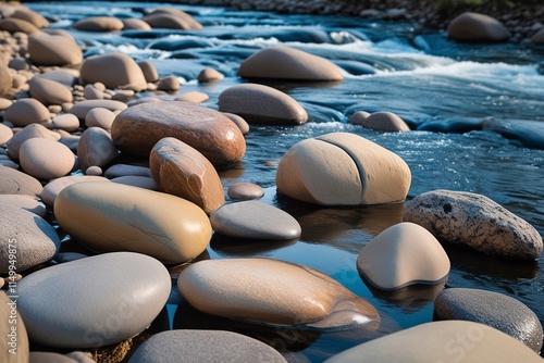 collection of smooth river stones in various sizes, which have a polished surface, scattered on the bottom of a shallow river 