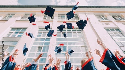 Graduation caps are being thrown into the air.