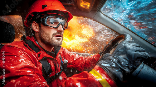 Dramatic Rescue Illustration: Firefighter in Exploding Car photo