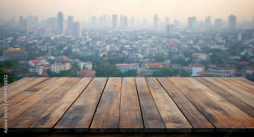 Wooden table overlooking a hazy cityscape. Wooden table overlooking a hazy cityscape.