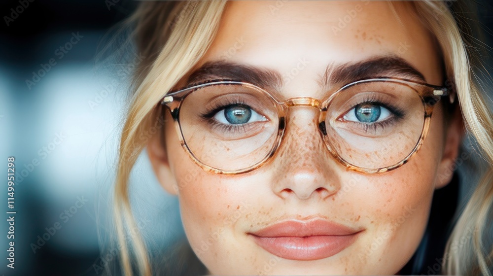 Close-up Portrait of a Young Woman with Freckles Wearing Stylish Round Eyeglasses Close-up Portrait of a Young Woman with Freckles Wearing Stylish Round Eyeglasses