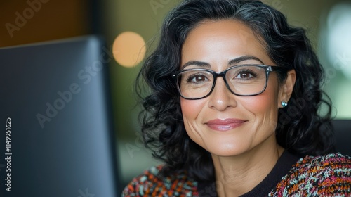 Confident Middle-Aged Woman with Glasses Smiling at Computer