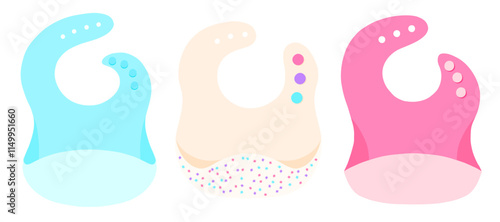 Baby bibs vector set of illustration. Baby nutrition, toddler feeding, first food. Flat design