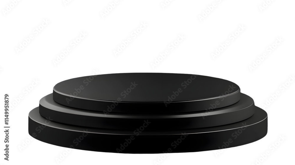 Black circular platform with tiered design, offering a modern and sleek aesthetic for product presentations. Isolated on transparent background Black circular platform with tiered design, offering a modern and sleek aesthetic for product presentations. Isolated on transparent background