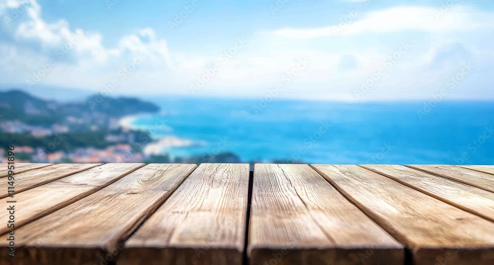 Wooden table overlooking ocean, coastal view. Wooden table overlooking ocean, coastal view.