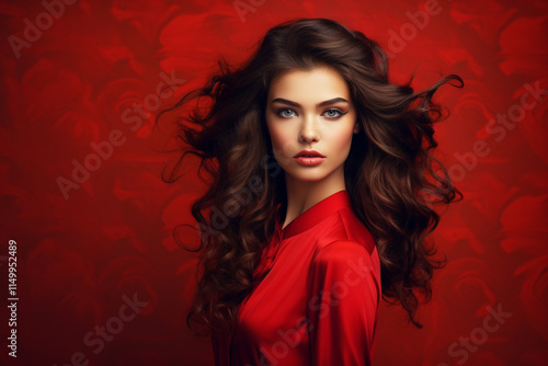 Beautiful Young Model Posing for an Advertising Photograph on a Red Background