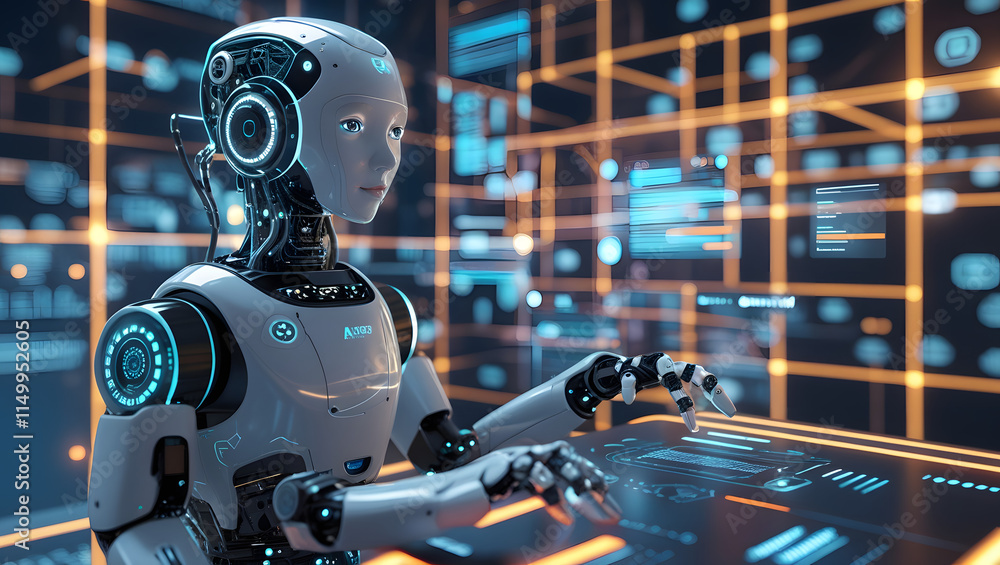 The Future is Now: A humanoid robot interacts with a futuristic interface, showcasing the power and potential of artificial intelligence in a sleek and modern setting. The Future is Now: A humanoid robot interacts with a futuristic interface, showcasing the power and potential of artificial intelligence in a sleek and modern setting.