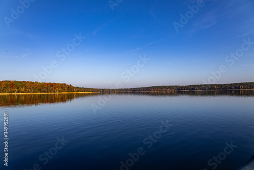 Expansive Autumn Horizon, Expansive lake under a cloudless blue sky with vibrant, warm autumn tones reflecting along the distant treeline, capturing serenity. photo