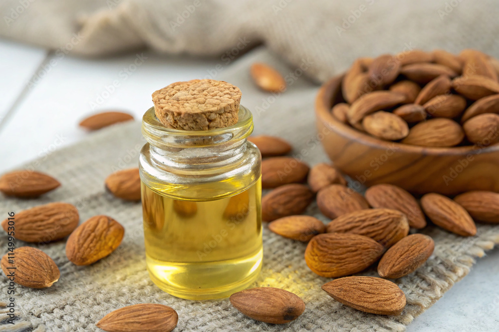 Almond oil in a small jar with nuts spread around Almond oil in a small jar with nuts spread around
