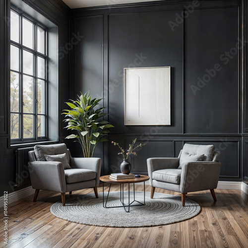 The image depicts a modern living room with dark gray walls, a wooden floor, and a large window. The room features two gray armchairs, a coffee table with a vase and some books, and a large green plan