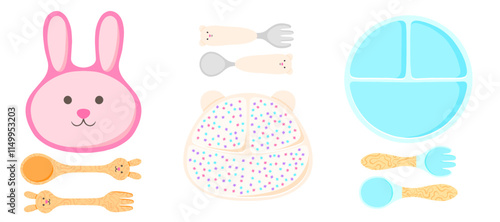Kids tableware, baby cutlery vector set of illustrations. Dishware for children, utensils