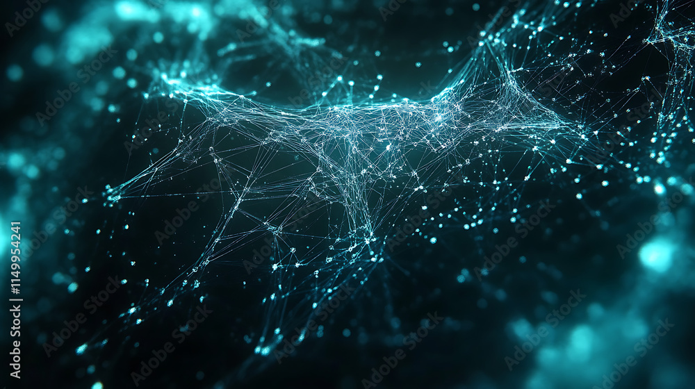 Abstract Network: An ethereal and intricate network of glowing turquoise lines and points, pulsating against a deep black background. This mesmerizing abstract image evokes a sense of connectivity. Abstract Network: An ethereal and intricate network of glowing turquoise lines and points, pulsating against a deep black background. This mesmerizing abstract image evokes a sense of connectivity.