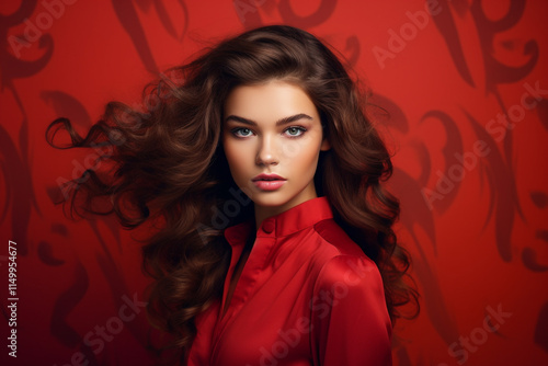 Beautiful Young Model Posing for an Advertising Photograph on a Red Background