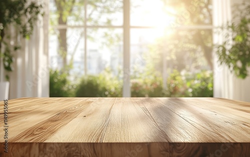 Sunny wooden table against blurred window view.