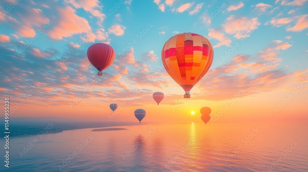 Fototapeta premium Hot air balloons soar above sunset ocean.